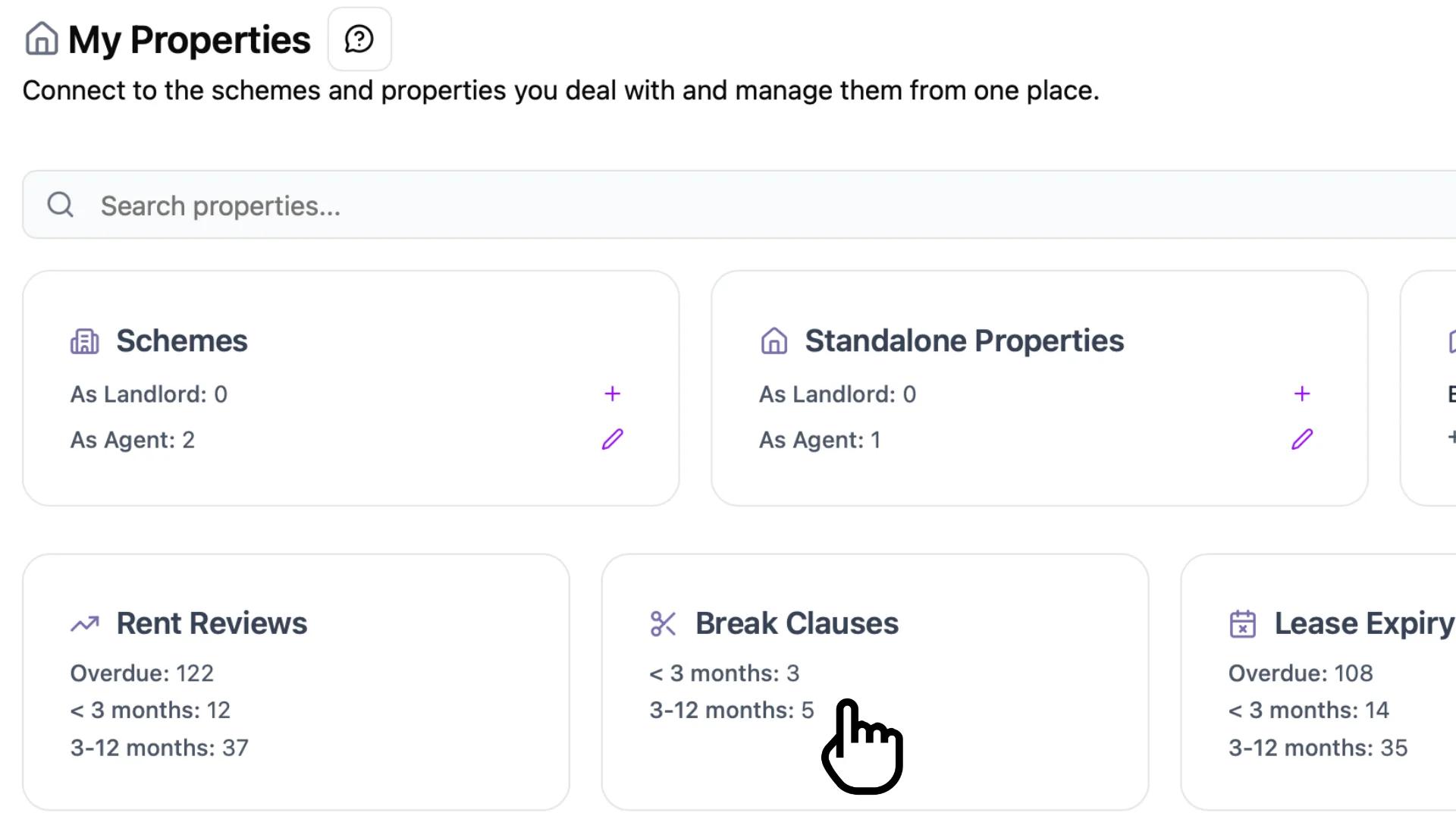 Screenshot of My Properties context cards