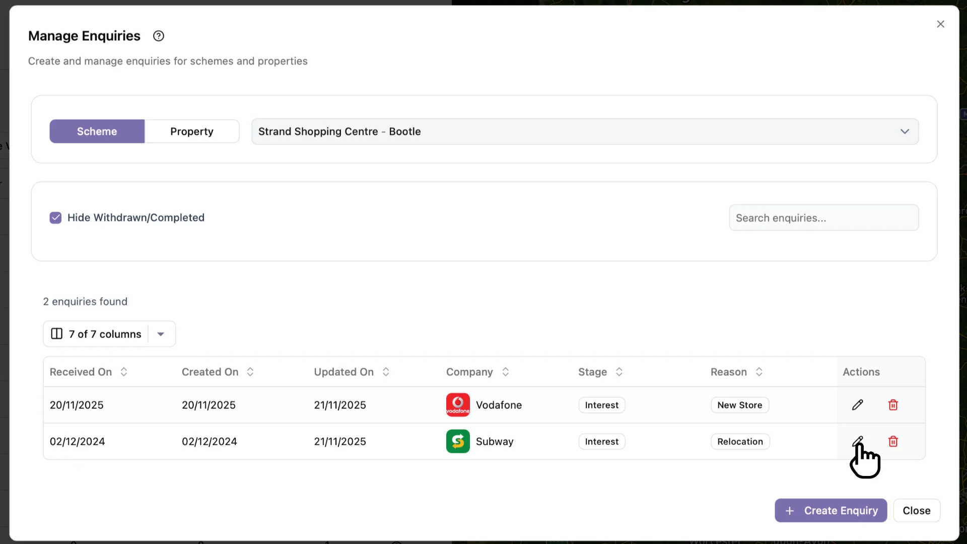 Screenshot of the Enquiries Manager workspace