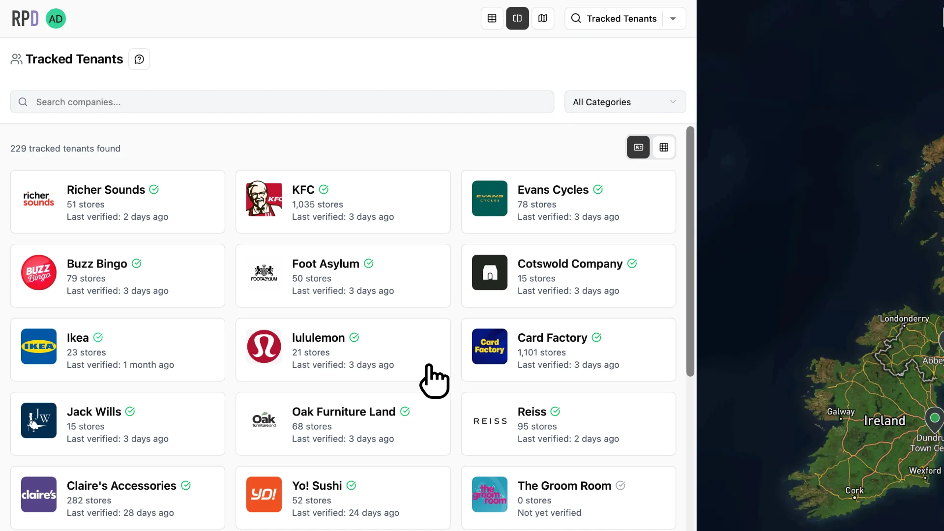 Screenshot of tracked tenants
