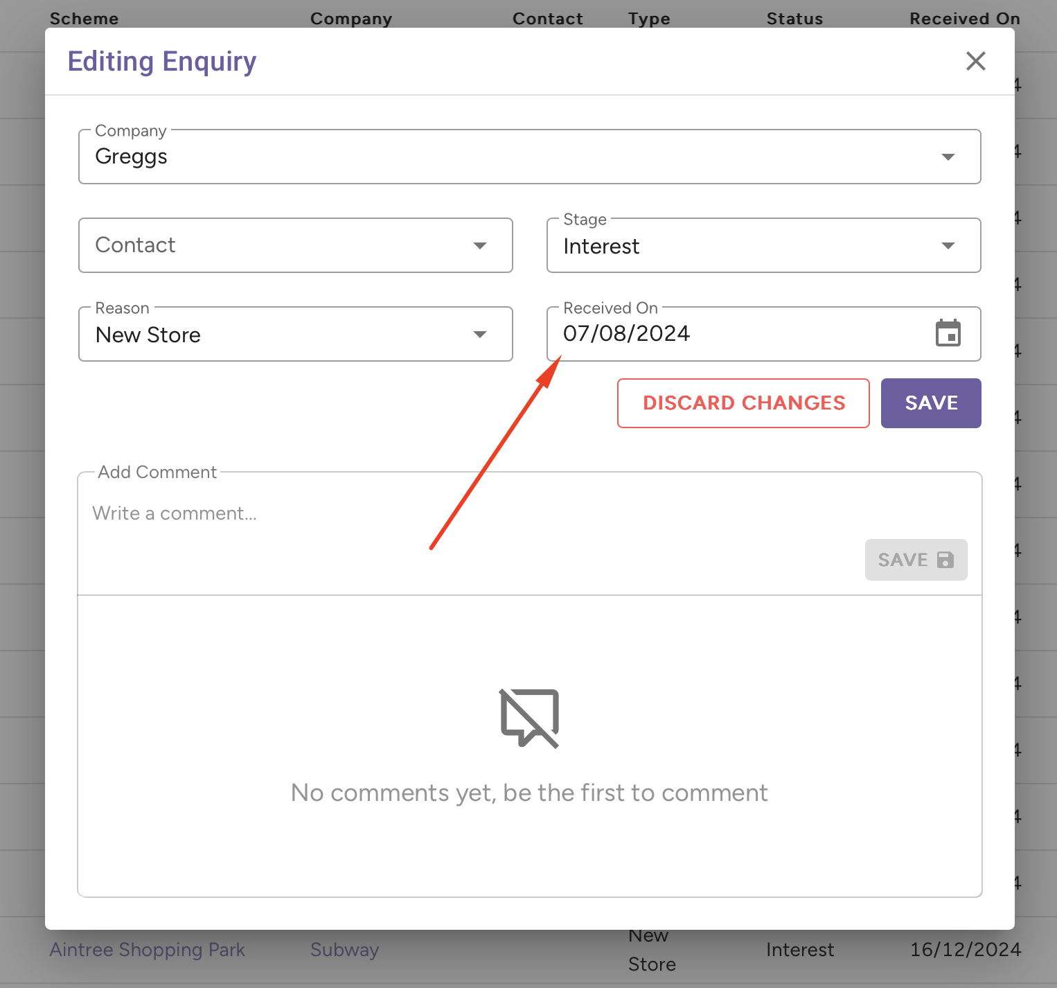 Enquiries Received On Screenshot